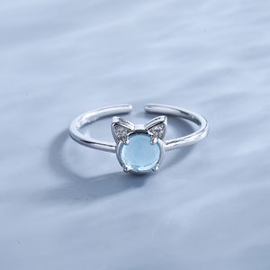 925 sterling silverband ringar katt kattunge flash diamant personlighet blå imitation kristall öppen ring