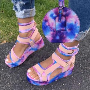 Sandals Ankle Strap Tie Dye Platform And Handbag Women Flat Heels Wedges Flatform Shoes Comfy Summer Buty Damskie Zapatos