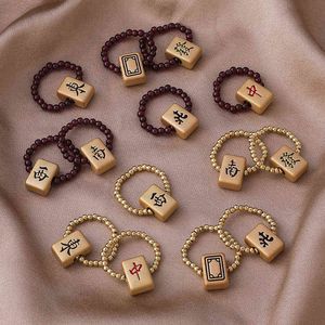 Vintage Punk Mahjong Ring for Women Retro Chinese Style Gold Color Beaded Rings Charms Finger Jewelry Gifts Creativity