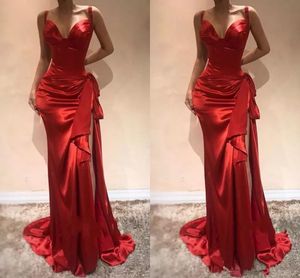 Elegante rode lange avondjurken Sweetheart Mermaid Formal Prom Dress met Slit Sweep Trein Rits Zijde Split Evening Jassen Satijnen Boog
