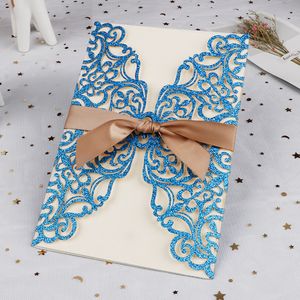 100 stks Glitter papier laser gesneden bruiloft uitnodiging kaart afdrukken met lint zakelijke wenskaarten bruiloft decoratie gunsten
