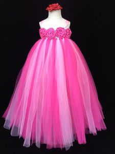 Tjejens klänningar baby tjejer rosa blomma tutu klänning barn virka tulle lång boll klänning med rose huvudband barn fest anpassad tutus