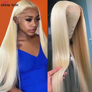 brazilian sarışın insan saç perukları toptan satış-ISHOW x4 Şeffaf Dantel Ön Peruk İnsan Saç Tam Dantel Peruk x1 Kısmi Sarışın Renk Brezilyalı Vücut Gevşek Derin Dalga Perulu Düz inç Kadınlar için