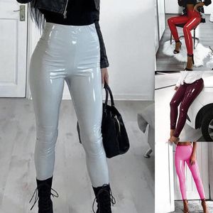 gotik tozluklar toptan satış-Yoga Kıyafetler Seksi Kadınlar Gotik Tayt Islak Bak PU Deri Siyah Ince Ince Uzun Pantolon Bayanlar Sıska Sıkı Artı Boyutu