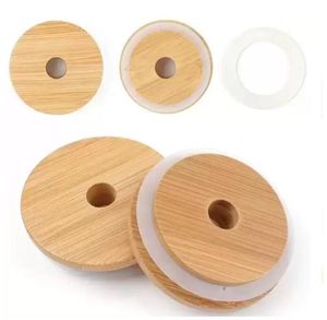 wooden caps al por mayor-Tapa de tapa de bambú de mm mm Tapa de madera de albañil de madera reutilizable con orificio de paja y sello de silicona DHL entrega gratuita FY5015 C0111