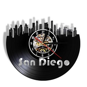 壁時計サンディエゴ都市景観港都市カリフォルニア州レコード時計モダンなスカイライン手作りヴィンテージ装飾的な時計