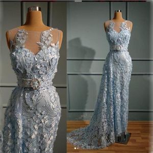 Sky Blue Flora Appliques Prom Dresses Sheer Neck Sleeveless Mermaid Evening Gowns With Beading Belt Sweep Train Formal Wear