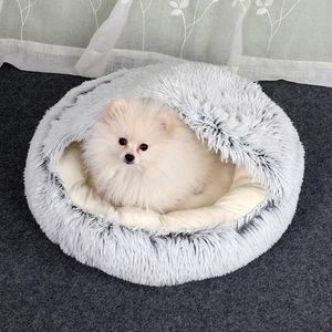 Kattbäddar Möbler i Vinter Nest Bed House Long Plush Dog Donut Cave Cuddler Varm sovsäck Sofa Kudde för små hundar Valpar