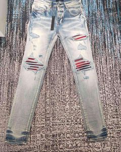 Hoge kwaliteit High Street Mode Merk Wash Do Old Red Plaid patch versleten gat slanke jeans man