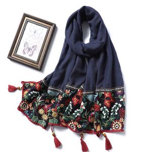 Lace Embroidery Cotton Scarf Women Vintage Floral Print Shawls and Wraps Tassels Pashmina Lady Foulard Hijab Muslim Sjaal G0922