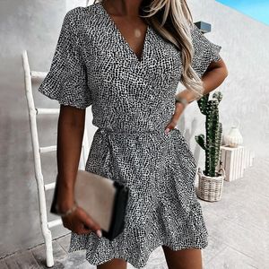 Casual Dresses Summer Beach Knee Length Dress Women Loose V Neck Floral Printed Ruffle Butterfly Sleeve