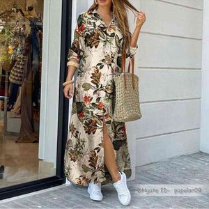 Kvinnor Långärmad Blommor Leopard Camo Print Fashion Split Hem Maxi Shirt Dress