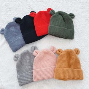 bebek erkek kışlık şapkalar toptan satış-Kış bere şapkalar sevimli ayı için kulakları ile örme kaput erkek şapka yumuşak sıcak çocuklar kap bebek aksesuarları Yeni