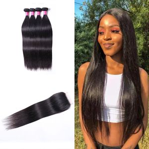 uzun inç saç toptan satış-Uzun İnsan Saç Demetleri inç ile x4 Dantel Kapatma Düz Perulu Bakire Uzantıları Kadınlar Için Doğal Siyah