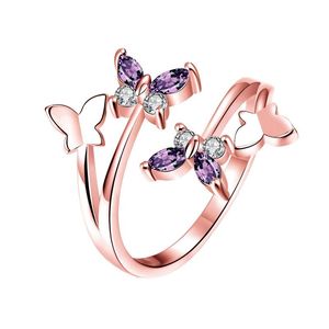 Wedding Rings Fashion Silver Purple Gems Zircon Double Butterfly Shape Jewelry Ring For Women Party Gift Ornaments