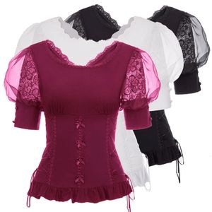 estilo corset tops venda por atacado-Mulheres Camisas Retro Vintage Victorian Victorian Manga V Back Corset Style Tops Sexy Elegant Club Noite Party Steampunk Blouse