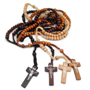 ingrosso collane di legno croce uomini-Religioso in legno antico cross rosario pendente collane perline cattoliche Gesù Cristo rosario collana uomo donne gioielli regali