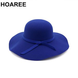 темно-синяя широкая шляпа оптовых-Широкие шляпы Breim Hoaree Blue Осень зима для женщин Женские Федора повседневная старая шляпа войлока на открытом воздухе Сомбреро красный черный военно морской флот верблюд