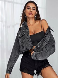 denim ceket kadın moda toptan satış-Sonbahar Kadınlar Seksi Yırtık Denim Ceket Vintage Rahat Kısa Jean Ceketler Uzun Kollu Kış Kadın Moda Yıpranmış Üstleri