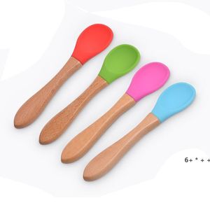 Children Silicone Spoons Wooden Handle Coffee Scoops Baby Training Spoon Home Kitchen Tableware RRF13252
