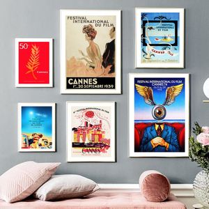 festivales de cannes al por mayor-Pinturas Retro Cannes Festival de Cine Vintage Movie Wall Art Lienzo Pintura Nórdica Posters e impresiones Imágenes para sala de estar decoración