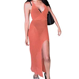 Dorywczo sukienki Lato Kobiety Sukienka Crochet See przez Bandaż High Split Głębokie Dekolt Spaghetti Pasek Solid Color Beach Maxi