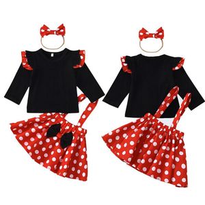 Clothing Sets Girls Long Sleeve Top Dot Strap Skirt Set Black Lace Cute Red White Bow Hair Band Summer Three Piece