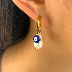 Hoop Huggie Evil Eye Natural Pearl Stainless Steel Hoops Earring For Women Small Golden Round Circle Boho Statement Jewelry