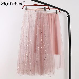 Kjolar sommar kvinnor två stycken pläterad tulle kjol stjärna sequined high midja en linje tutu blå rosa vit