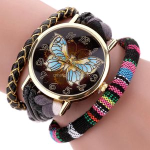 Retro Leather Women Watch Fashion Weave Trendy Butterfly Dial Gold Luxury Bracelet Watch Ladi Wrist Watch Gift