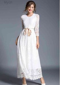 Spring White Lace Dress Women Vintage Hollow Out Lace up Tall Waist Vestidos Party Maxi Dresses Female Sexy Long Dress1