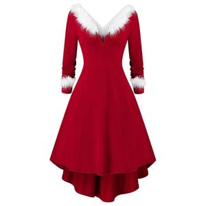 long fancy red dress achat en gros de Robes décontractées costume de Noël adulte vestidios santa claus tenues femmes hiver manches longues dames fantaisie veau vède robe de fourrure de Noël