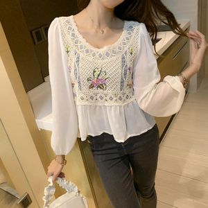 Women s T Shirt Summer French Style Clavicle Lace Stitching Knitted Embroidery Top Design Shirt Short Chiffon