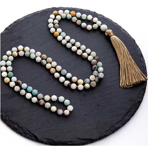 Hängsmycke Halsband mm Naturligt frostat Amazonite Pärlor Knuted Mala Halsband Meditation Yoga Deklaration Välsignelse Rosary Smycken