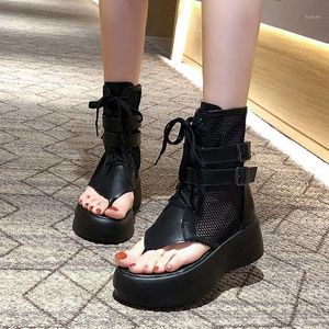 Platform Sandals Fashion Hollow Out Gladiator High heeled Women Flip Flops Open Toe Black Leather Cool Boots Dress Shoes