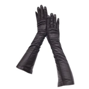 толстые кожаные перчатки оптовых-Зимние дамы длинные рукава рукава мода стиль овчины кожа зимние перчатки теплые и толстые черные вождения высокой