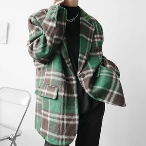 pamuk kapitone ceket erkek toptan satış-Erkek Takım Elbise Blazers Kore Kış Retro Çek Tüvit Takımı Ceket Sonbahar Tasarım Niş Kalın Kapitone Pamuk Yeşil Coat