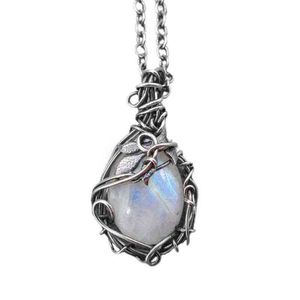 High Quality Vintage Style Silver Color Pendant Necklace Women Girls Prom Moonstones Floral Necklaces Cocktail Party Jewelry