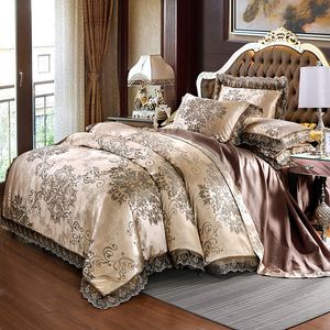 Złota srebrna kawa żakardowa luksusowa pościel queen size size bedclothes łóżko spódnica sztuk bawełna jedwab koronki koronki kołdra zestawy prześcieradło Poszewki domowe tekstylne
