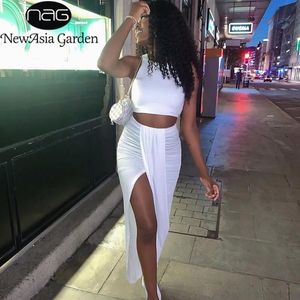 Wholesale sexy work outfits resale online - Work Dresses Asia Summer Women Crop Top Long Skirts Two Piece Set White Party Club Wear Sexy Split Sets Casual Clothing