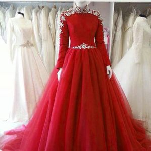 kırmızı yüksek boyun uzun eve dönüşen elbiseler toptan satış-2022 Arapça Dubai Yüksek Boyun Kırmızı Balo Abiye Uzun Kollu Saten Tül Kristal Bir Çizgi Fermuar Homecoming Pageant Elbise Abiye
