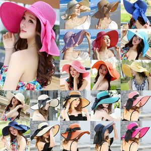 floppy brim toptan satış-Floppy Şapka Brim Bow Kadınlar Ile Katlanır Yaz Plaj Güneş Hasır Plaj Şapka kadın Yaz Yay Büyük Geniş Ağız Kap Sun Hat Ljjk2524