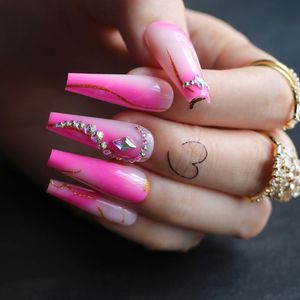Fałszywe paznokcie Luksusowe trumny Sztuczne fałszywe z Ombre Pink Glitter Kryształowa dekoracja Walentynki prezent Nail Etykieta