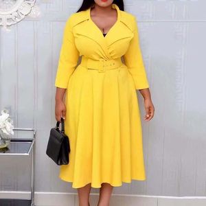 robe jaune taille femme achat en gros de Robes décontractées élégantes femmes robe jaune taille haute tunique de la tunique d Afrique Vestido Spring Automne Plus Taille XL Femme A Line Midi Office Mesdames
