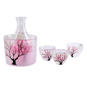 5 Pieces Pink Sakura Sake Warmer Set Glass Cold Wine Drinkware Cherry Blossom Carafe Tokkuri Bottle Shot Cups Japanese Gift Idea