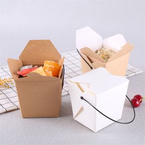 100Pc Kraft Paper Carton Lunch Snack Furit Salad Box Disposable Fast Food Pasta Takeaway Packaging Box with Black Plastic Handle