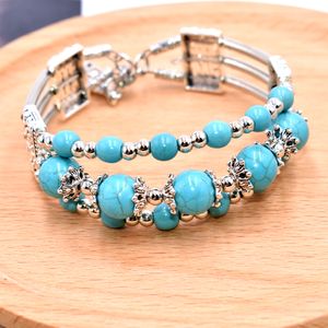 Wholesale pendants for beads resale online - Fashion Alloy Feather Pendant Strands Three Layer Charm Bracelet Bangles For Woman Wristbands Bangle Turquoises beads Bracelets