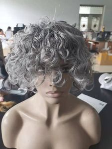 注文の灰色の人間の髪の毛のかつら短い巻き塩とコショウのファッション熱い2つのトーン混合シルバーグレー150 密度10 inch