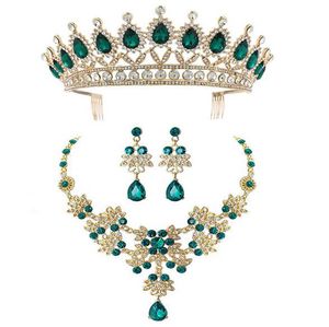 Fashion bride wedding headpieces crown necklace earrings set blue red green crystal party banquet dress accessories birthday lover wife Christmas gift