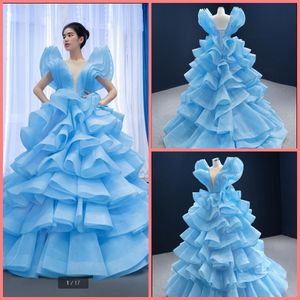 Robe de Soiree Blue Organza Ball Gown Prom Dress Ruffled Cap Sleeve Layered Elegant Party Dresses Golvlängd Korsett Underbara Söt Klänningar Skräddarsy